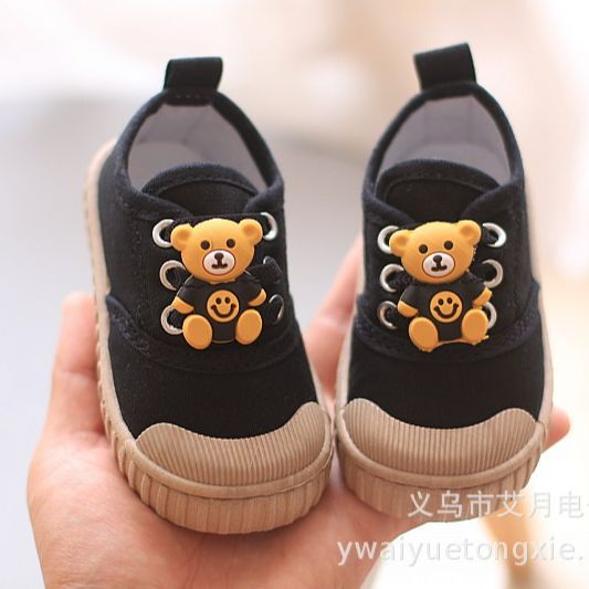 Giày Vải cho bé trai bé gái đế mềm có hình gấu cho bé từ 9 tháng đến 4 tuổi - Giày thể thao Sneaker Màu Đen Dễ Thương Chú Gấu Con cho bé
