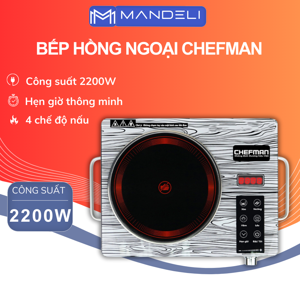 Bếp Hồng Ngoại CHEFMAN CM923 Dùng Cho Mọi Loại Nồi Bếp Nấu Đa Năng Công Suất 2200W Với Mặt Kính Chịu Nhiệt Cao 4 Chế Độ Nấu Siêu Tiện Lợi