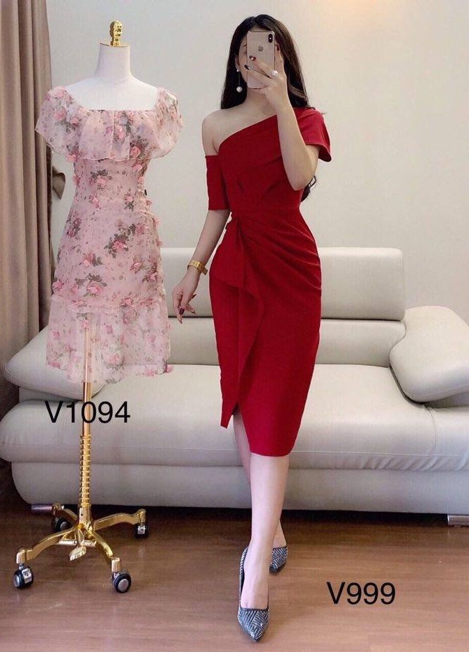 Đầm nữ dự tiệc lệch vai xếp bèo thời trang bambo
