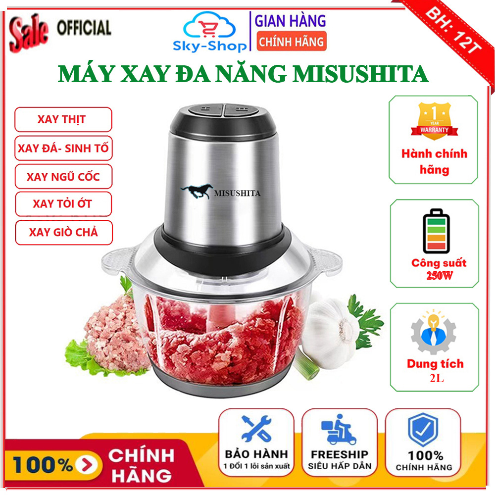 Máy Xay Thịt Cá, Máy Xay Đa Năng Misushita Cối Thủy Tinh Dung Tích 2L, 4 Lưỡi Dao Kép Được Làm Bằng Thép Không Gỉ, Máy Xay Sinh Tố, Máy Xay Ăn, Cối Xay, Máy Xay Tỏi Ớt, Máy Xay Cua
