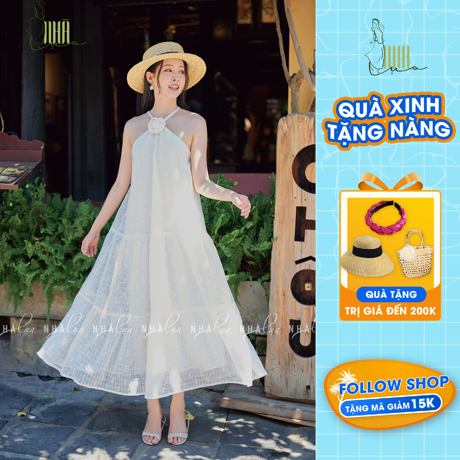 Đầm maxi cổ yếm Hoa Hồng sang trọng dáng xòe dài, form rộng cổ hoa yếm đi chơi đi biển - Nhà Lụa
