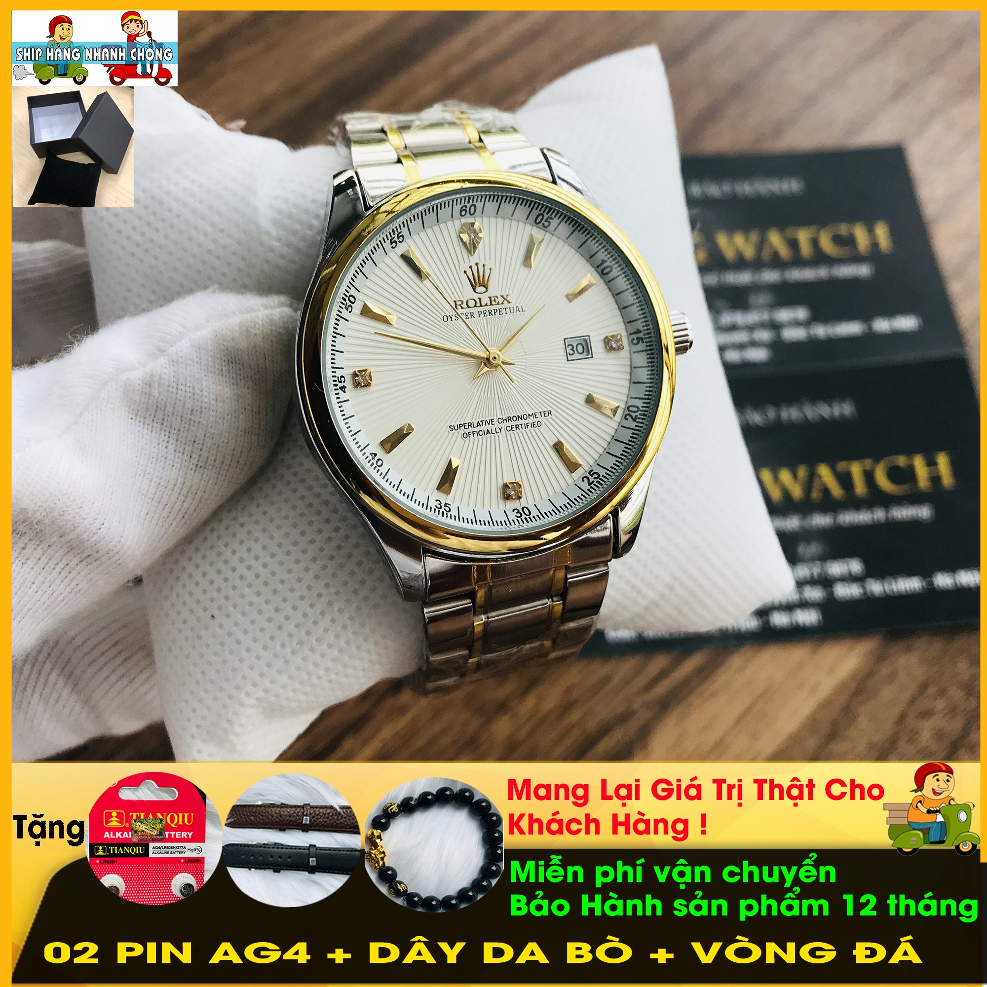 ĐỒNG HỒ NAM, KIM VÀNG, DÂY THÉP KHÔNG GỈ 316L, LỊCH NGÀY, KÍNH MINERAL CRYSTAL CHỊU LỰC, CHỐNG XƯỚC, CHỐNG TRẦY, CHỐNG NƯỚC 3ATM, LỊCH NGÀY TẶNG COMBO QUÀ TẶNG GỒM DÂY DA BÒ, 02 PIN AG4, VÒNG ĐÁ TỲ HƯU PHONG THỦY