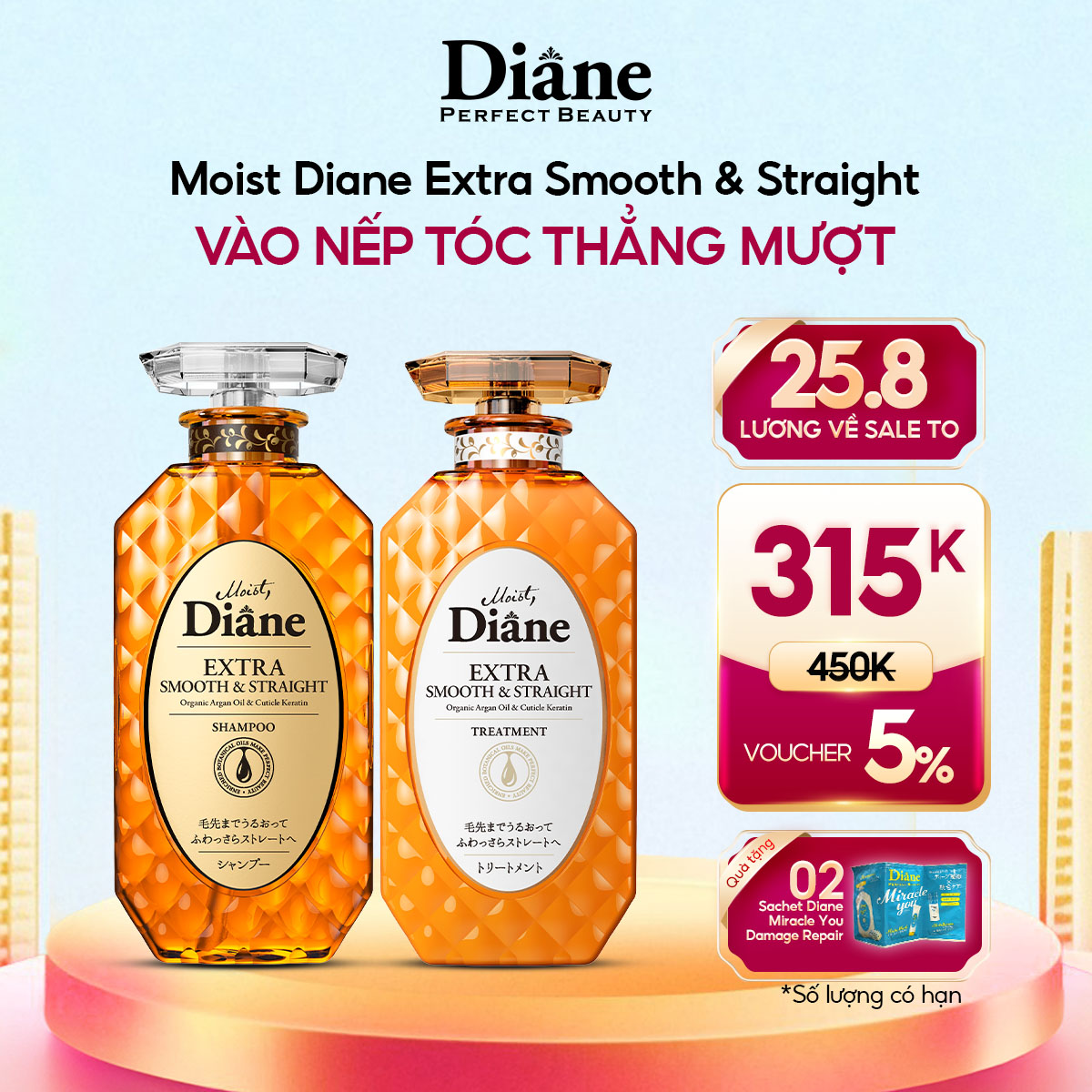 Dầu Gội Dầu Xả Tóc Vào Nếp Thẳng Mượt Moist Diane Extra Smooth & Straight, Tinh Dầu Thiên Nhiên