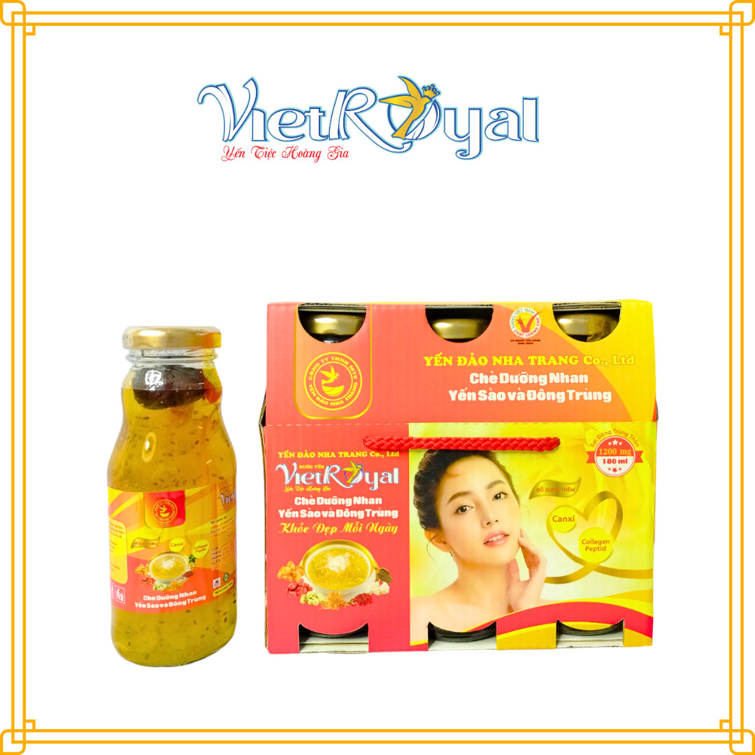 Lốc 6 chai Nước yến Vietroyal chè dưỡng nhan yến sào và đông trùng chai 180ml