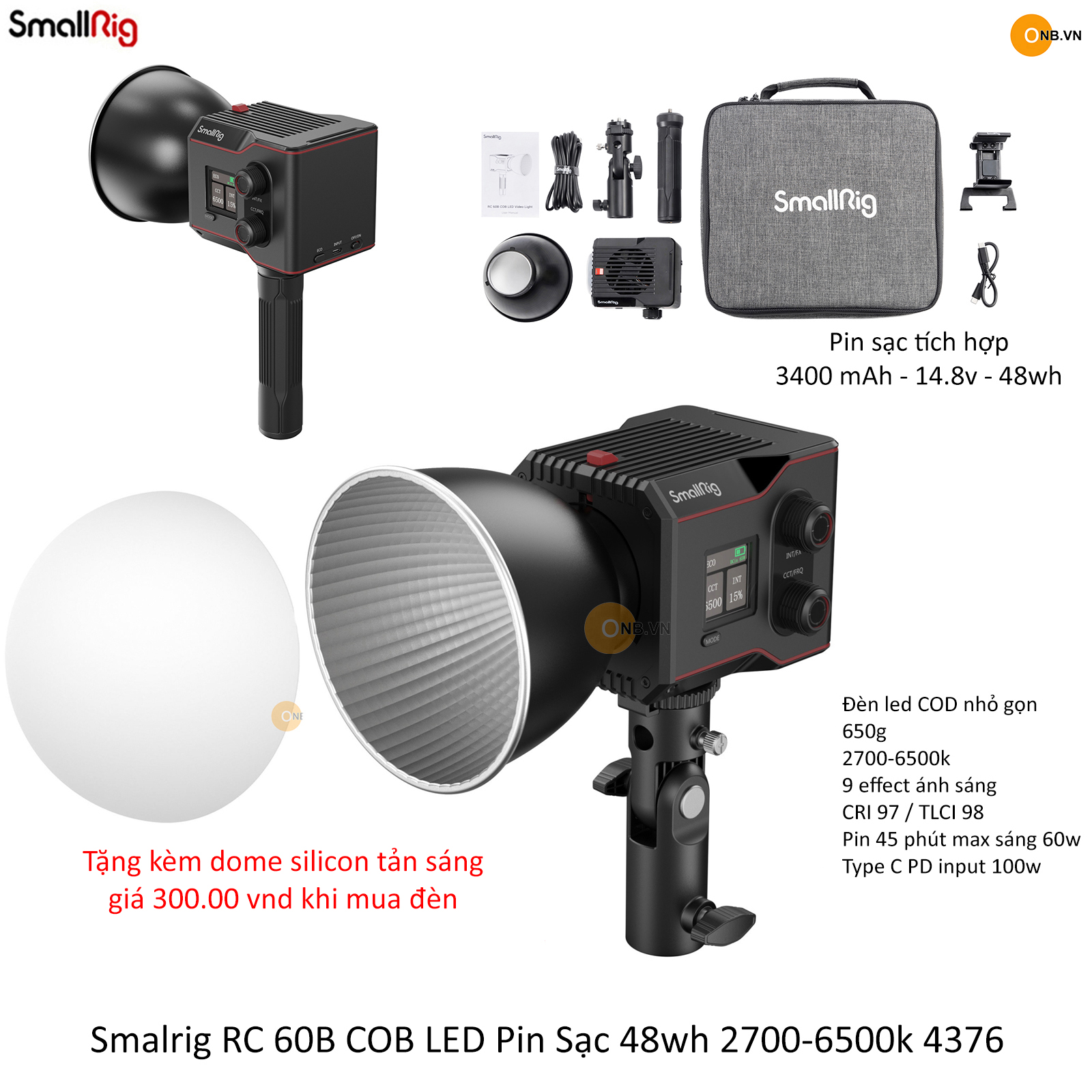 Smalrig rc 60b cob đèn led 60w 2700-6500k 4376