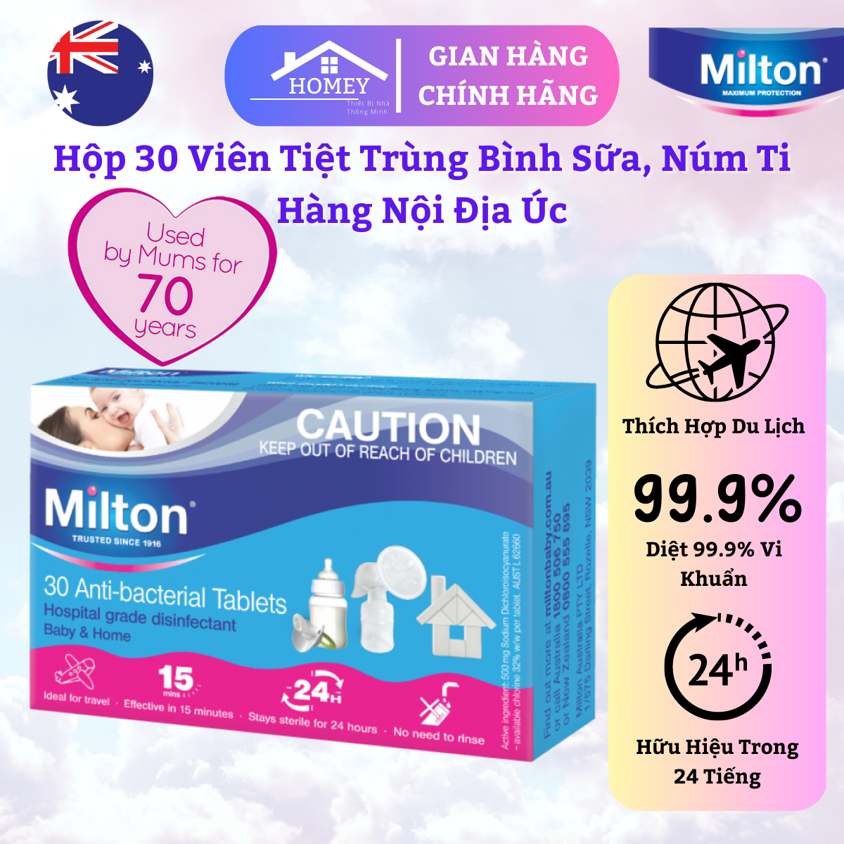 Homey - Hộp 30 viên tiệt trùng milton dùng cho cốc nguyệt san, núm ti, bình sữa - Hàng Nội Địa Úc