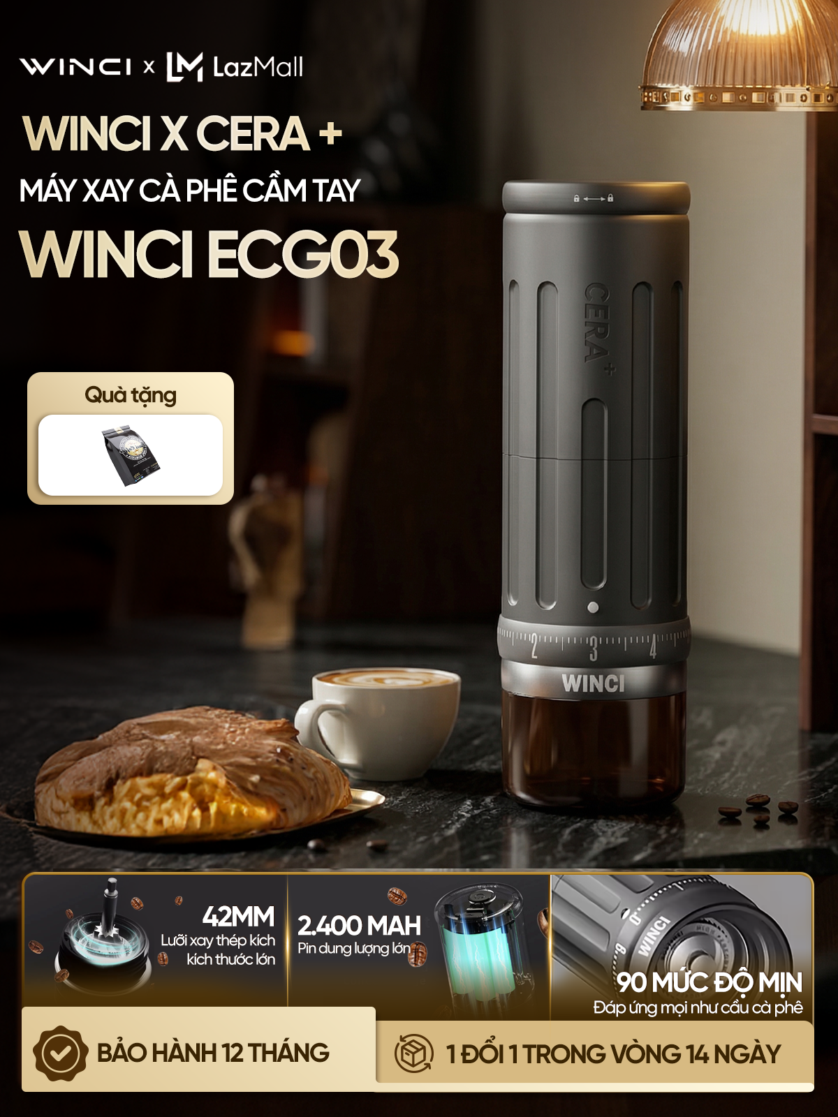 [WINCI + CERA+] Máy xay cà phê cầm tay WINCI ECG03 , màu xám, dung lượng pin 2.400 mAh, 90 mức độ xay, bảo hành 12 tháng