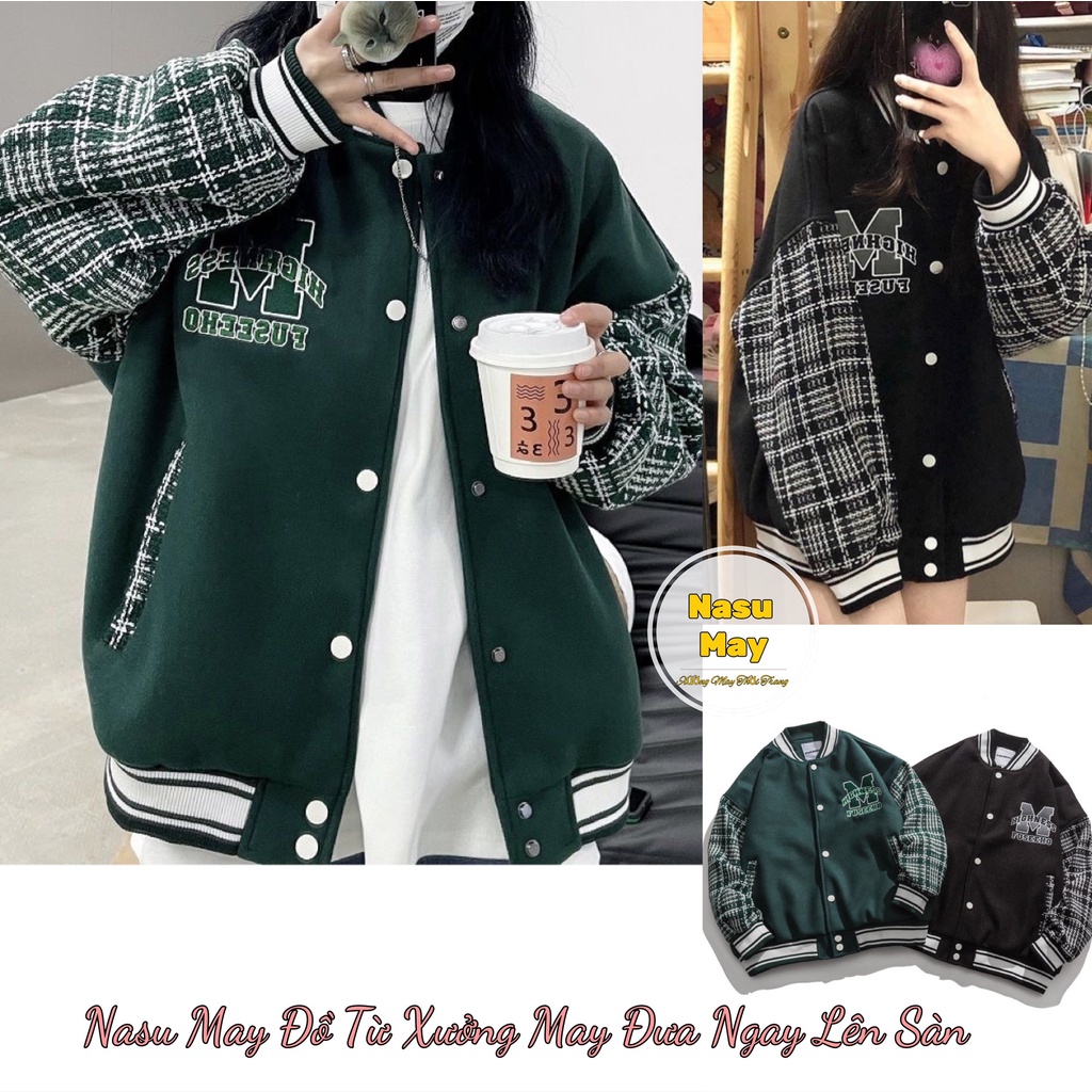 Áo bomber khoác ngoài chữ m xanh/đen form rộng nam nữ kẻ tay