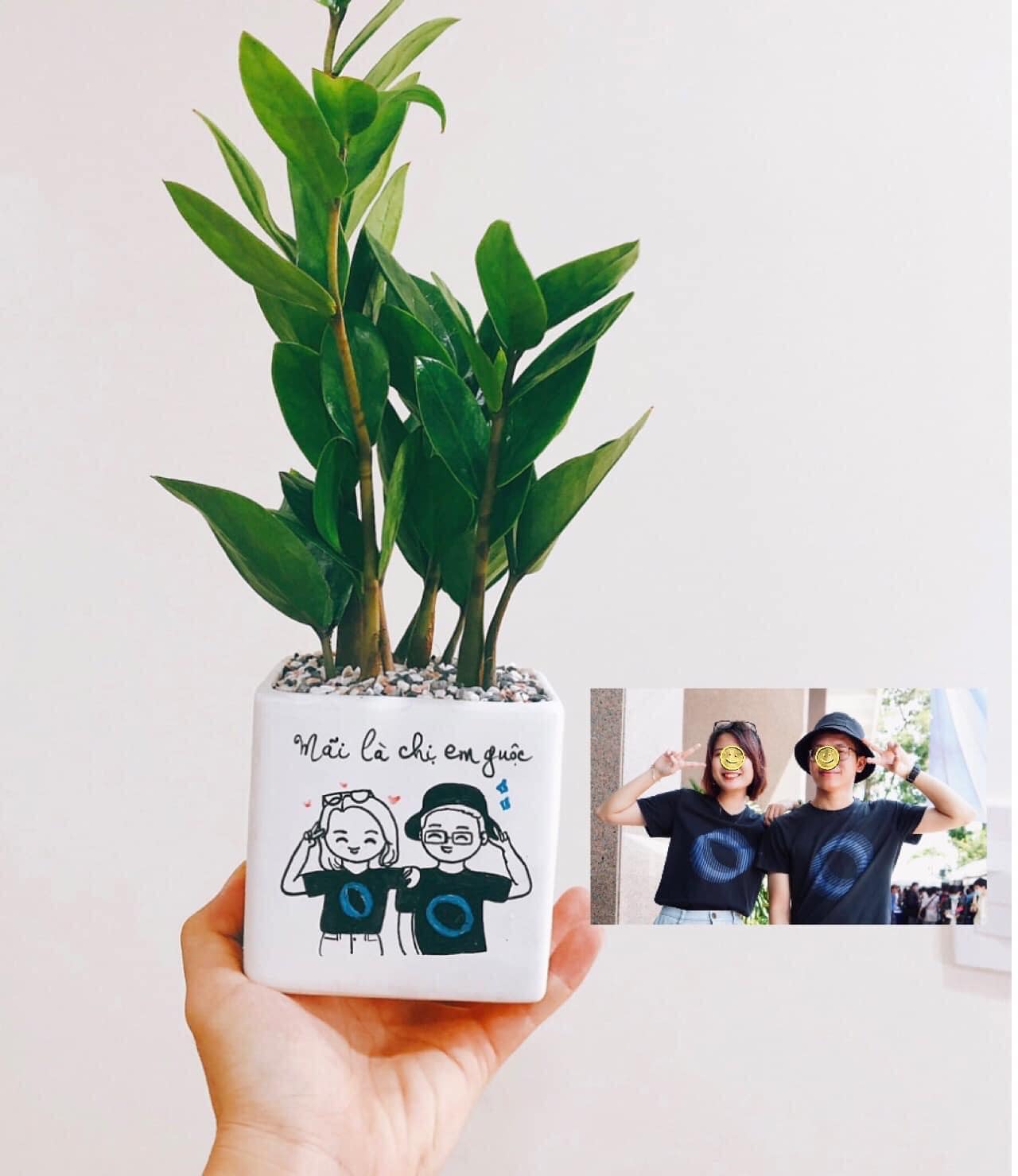 Chậu cây để bàn quà tặng vẽ chibi và thông điệp theo yêu cầu