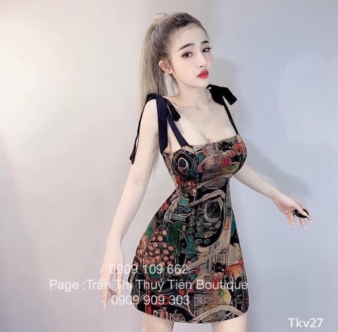 [Mẫu Mới]Đầm Nữ Công Chúa 2 Dây Cột Nơ Dáng 3D Họa Tiết Thời Trang HARI