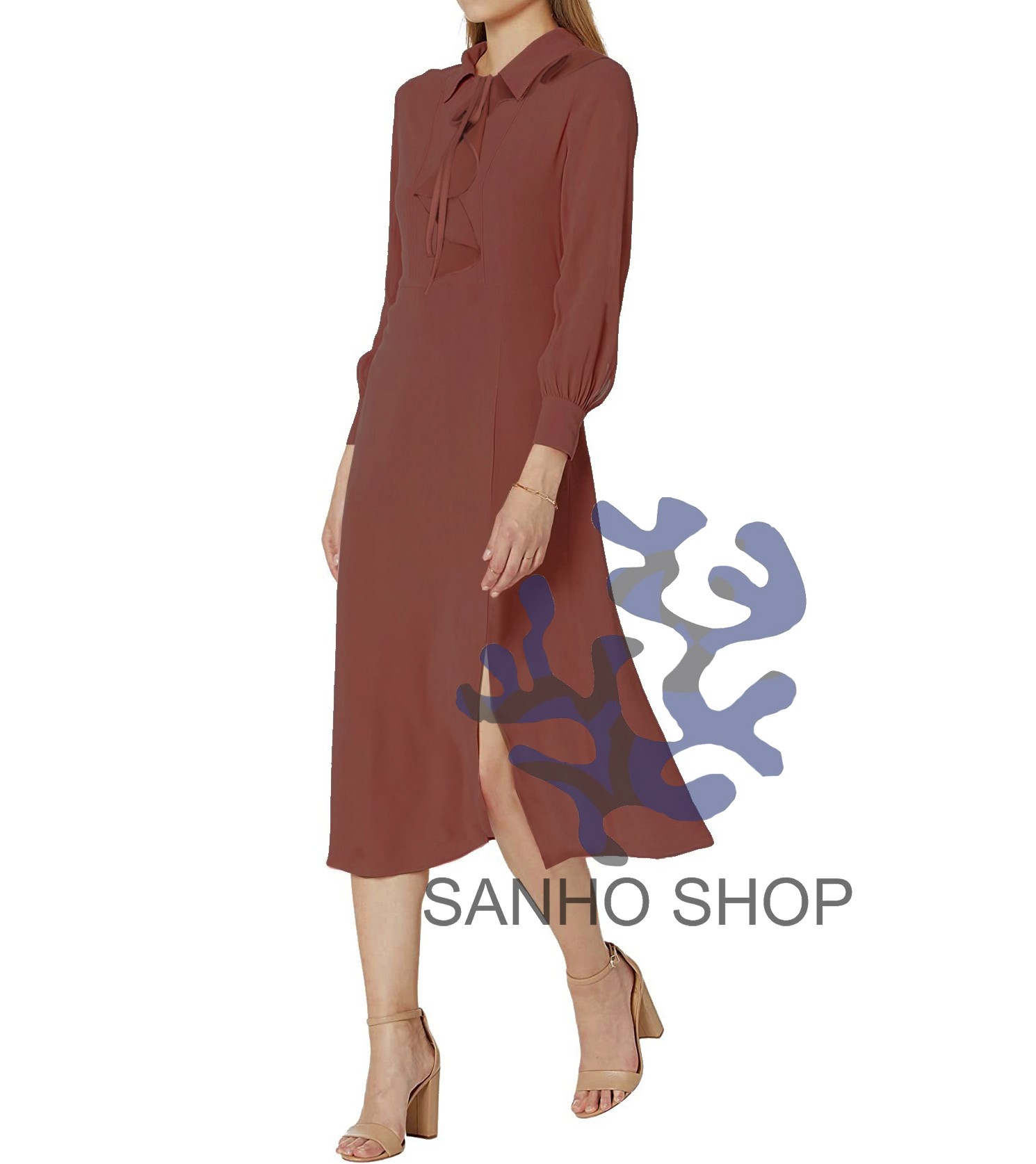 Đầm ted baker sơ mi tay dài cổ trụ