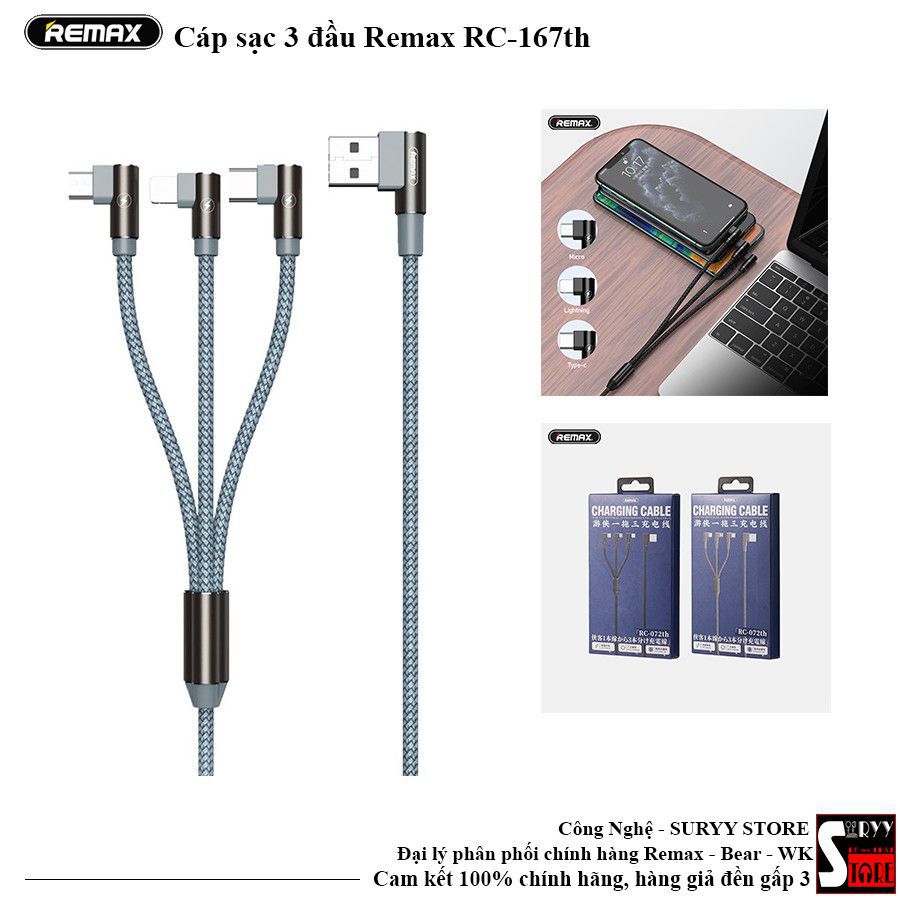 Cáp sạc nhanh Remax-761* 3 đầu jack chữ L 1m dây dù chính hãng