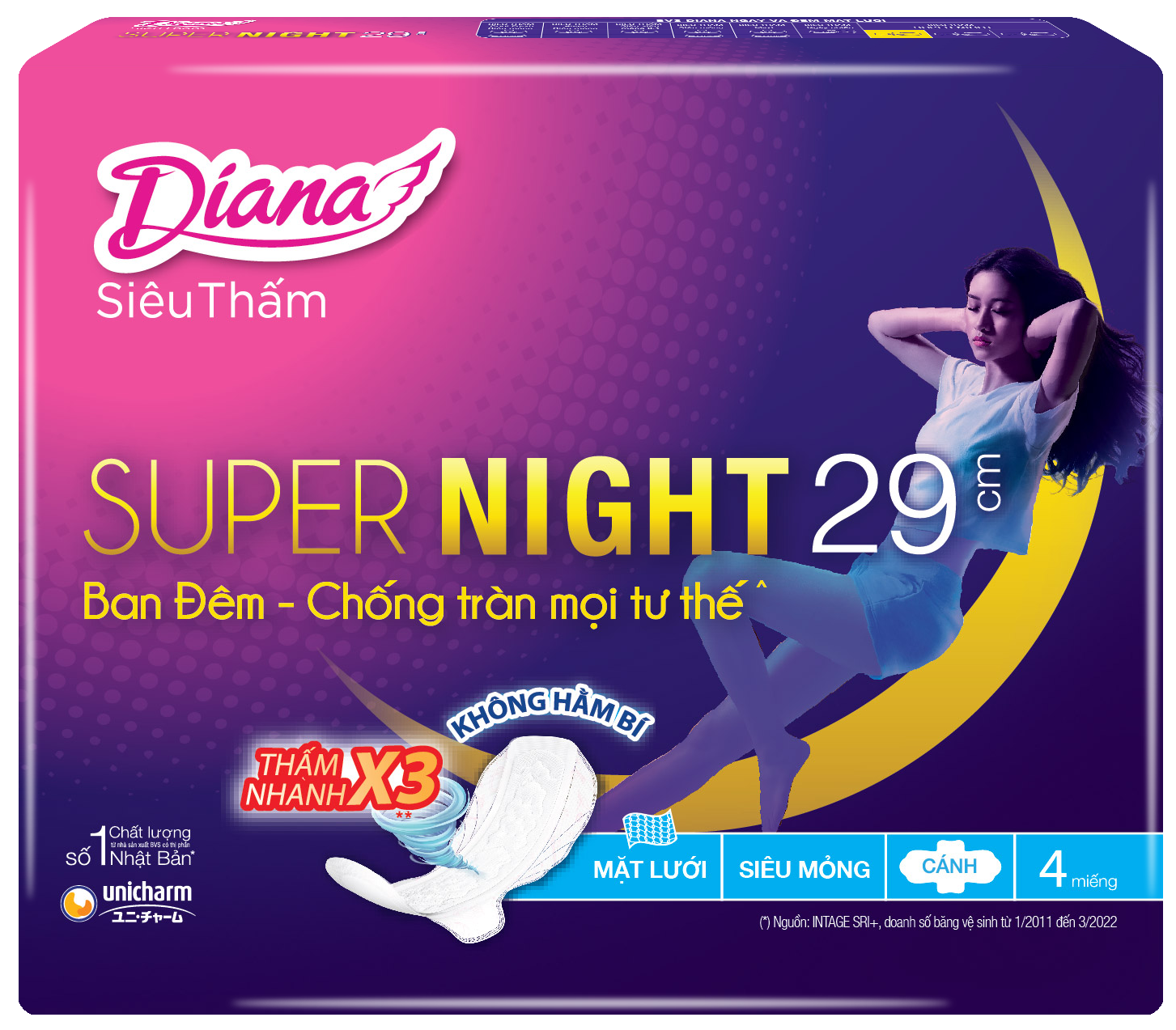 Băng Vệ Sinh Diana Super Night Ban Đêm 29cm Gói 4 Miếng Super Night 29cm