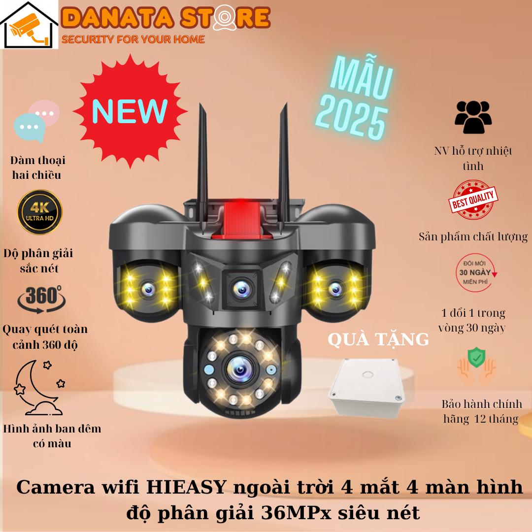 (Lỗi 1 đổi 1) Camera HiEasy 36MP Chất Lượng Cao Bắt Sóng Wifi Xoay 360 Độ, Chống Nước