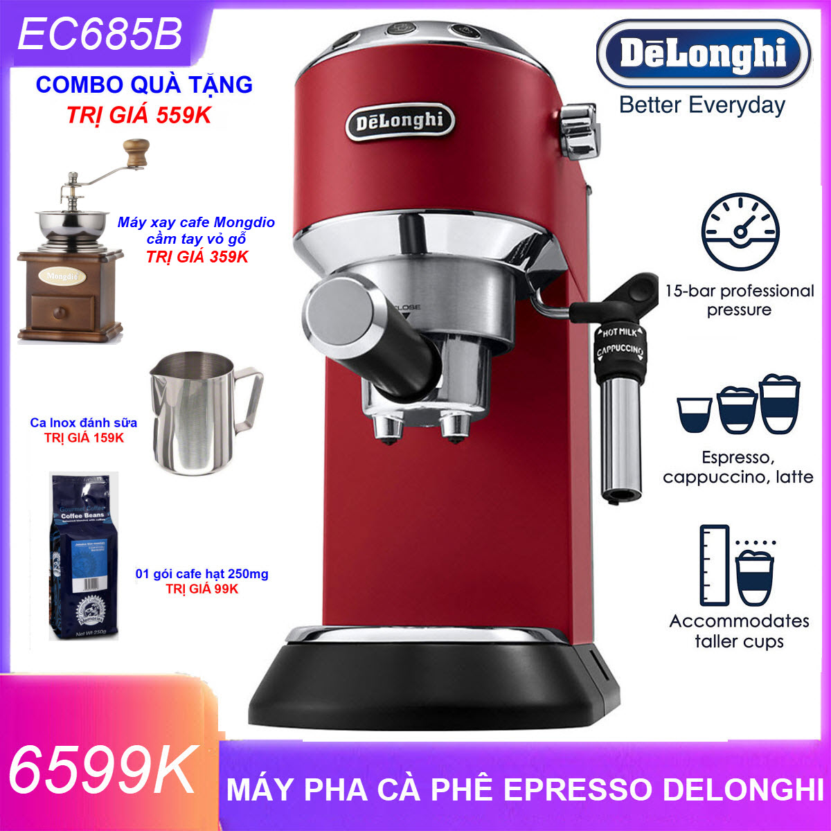 Máy pha cà phê Espresso Delonghi EC685R - Hàng nhập khẩu mới nguyên hộp 100% - BH12 tháng kể từ ngày nhận - Máy pha cafe Espresso Cappuccino - Máy pha cà phê mini gia đình - Model tiền nhiệm của Delonghi EC785