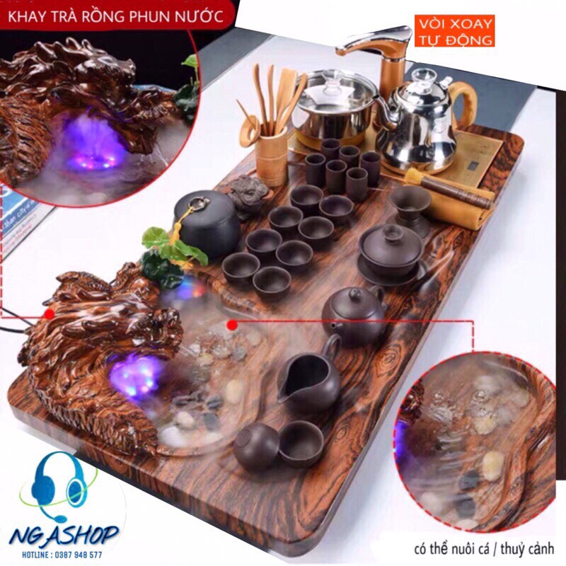 Bộ bàn trà điện thông minh  khay gỗ cao cấp Rồng phong thuỷ phun nước ,Bếp đun inox cảm ứng tự động đa năng phong cách trà đạo ,kèm Ấm chén gốm sứ độc lạ tuỳ chọn  bộ đủ món như hình ( Tặng Kèm Xô Nhựa) - Shop NGA SHOP