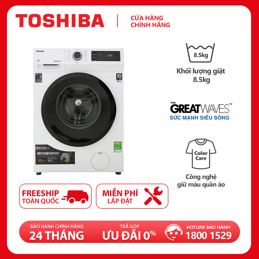 Máy Giặt Toshiba Inverter 8.5kg TW-BH95S2V(WK) - Khóa trẻ em, Vệ sinh lồng giặt, Hẹn giờ giặt lên đến 24 giờ, Chương trình giặt nhanh 15 phút, Giặt nước nóng. Hàng chính hãng, bảo hành 2 năm, chất lượng Nhật Bản