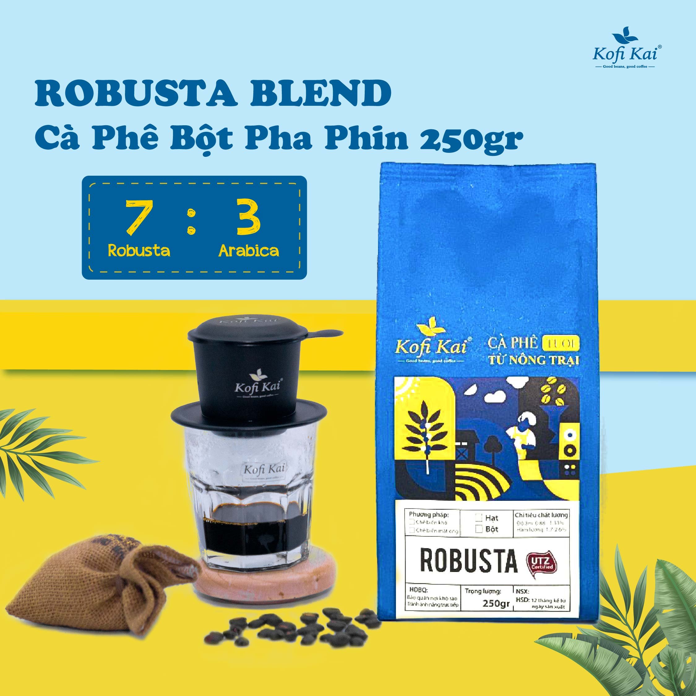 Cà phê robusta blend 7ro: 3ar hạt pha máy kofi kai 250 gram