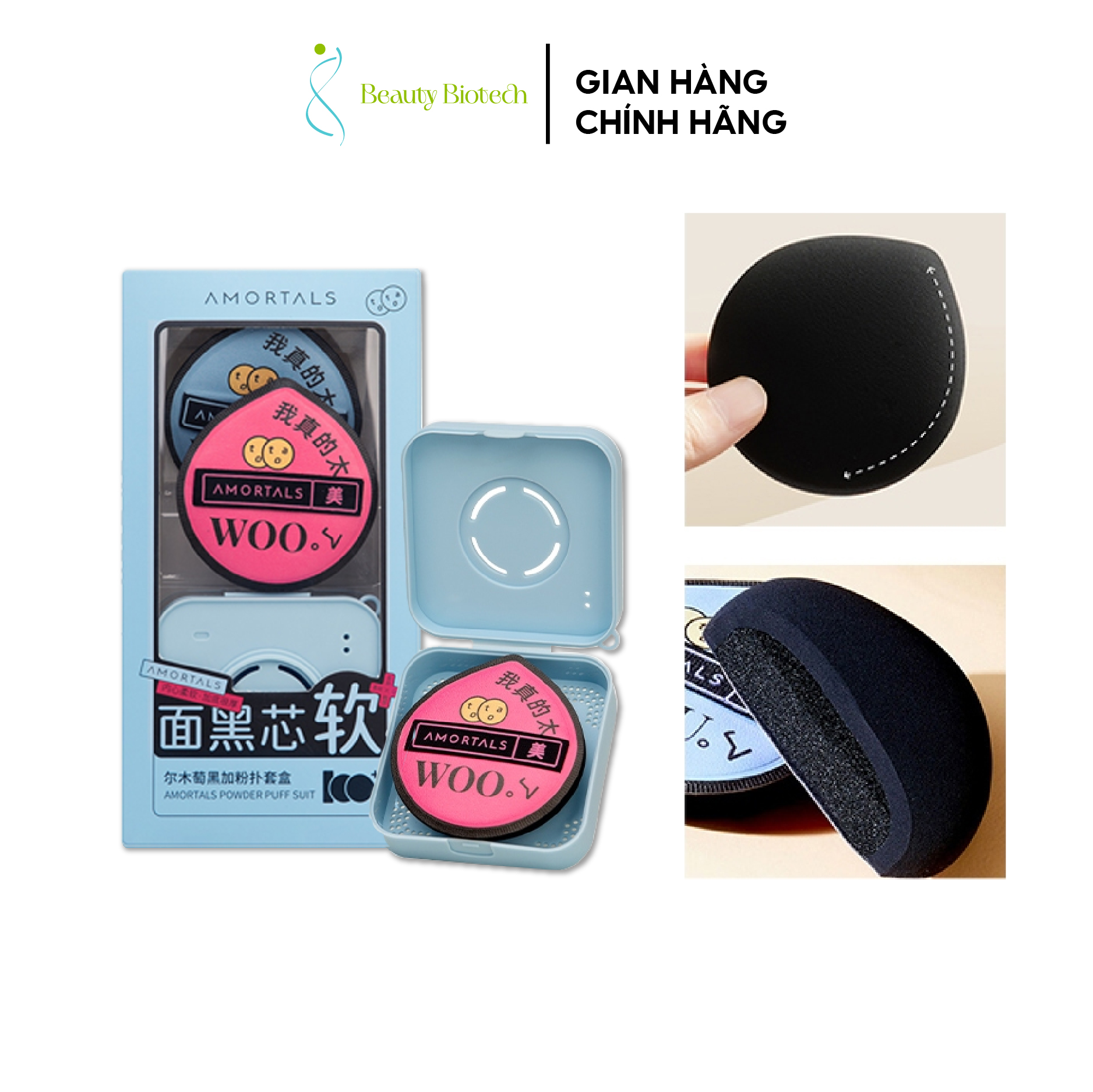 Bộ 2 Bông Mút Xanh Hồng Trang Điểm AMORTALS Chính Hãng Siêu Mềm Dễ Tán Kem Nền Kèm Hộp Đựng Mút