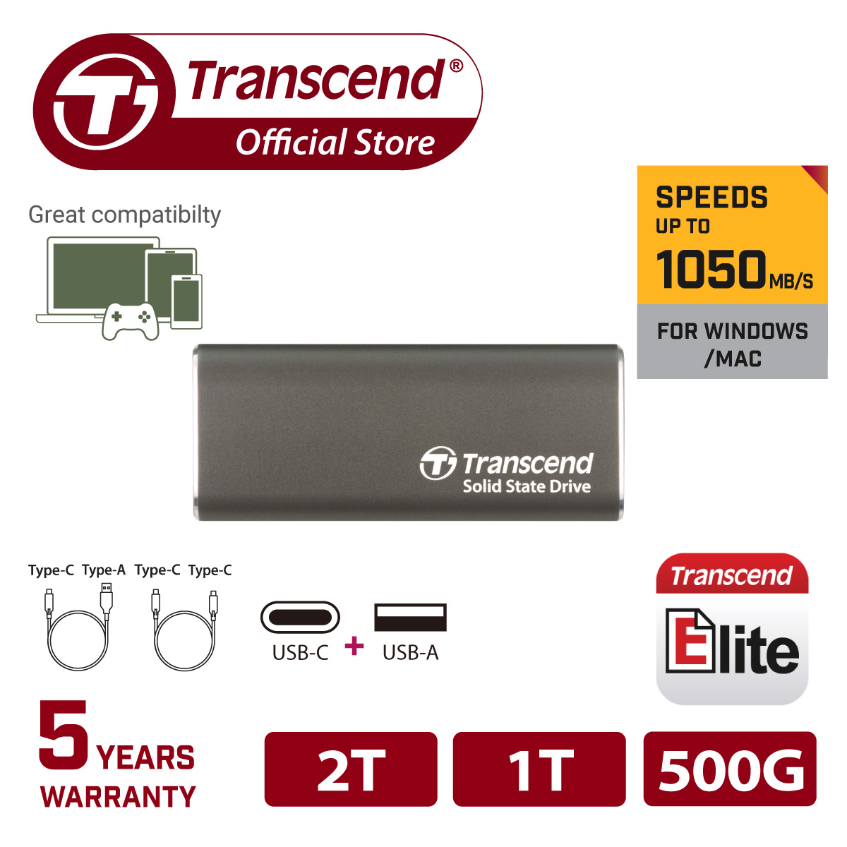 Ổ Cứng Gắn Ngoài SSD ESD265C USB 3.1 Gen 2 type C Transcend