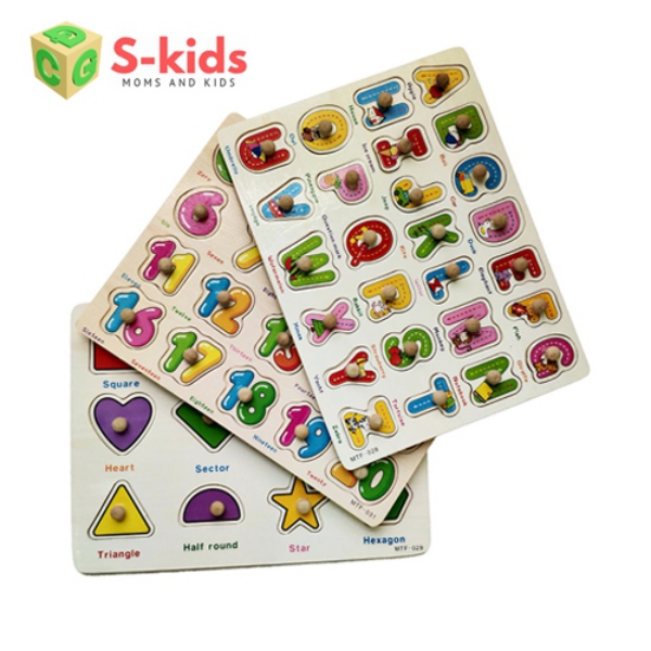 Đồ chơi trẻ em thông minh - Combo 3 bảng ghép hình : Chữ cái, số đêm Hình học, Đồ chơi gỗ cho bé luyện kỹ năng.