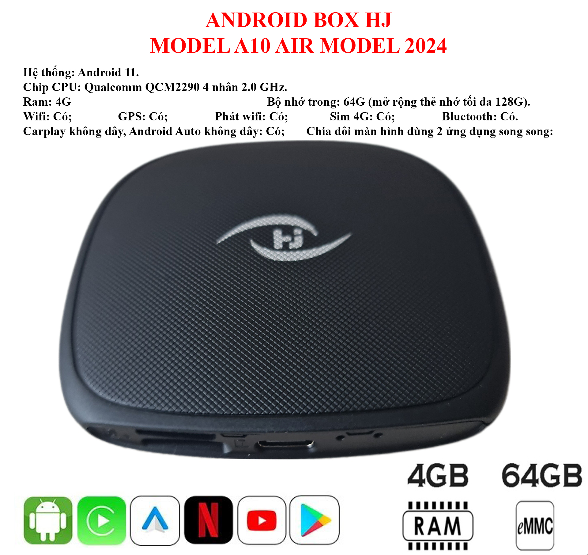 Carplay android box ô tô hj a10 air 4g+64g tặng vietmap s2