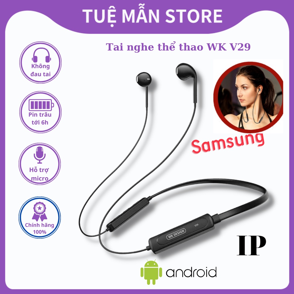 Tai nghe bluetooth thể thao đeo cổ wk design v29 tm shop, tai nghe không dây bluetooth gaming choàng cổ có micro