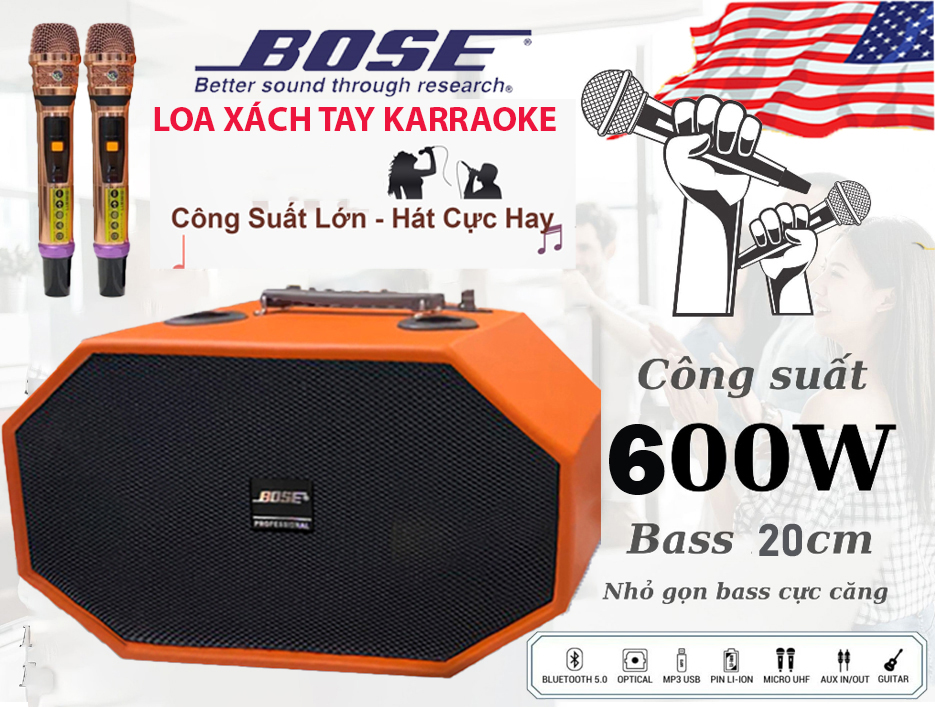 Loa Karaoke Xách Tay Bose USA Siêu Trầm Kèm 2 Micro UHF Loa Bass Đôi 20cm 2 Treble 1 Trung Chống Hú Rè Kết Nối Bluetooth 5.0 USB Thẻ Nhớ Guitar Âm Thanh Cực Hay Bass Cực Đã Pin Khủng