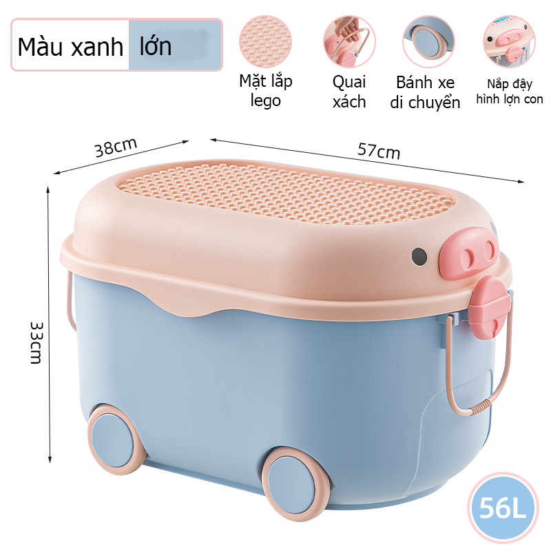 Thùng đựng đồ chơi cho bé KAVY hình lợn con xinh xắn bánh xe di chuyển, nắp thùng xếp lego có thể đựng quần áo