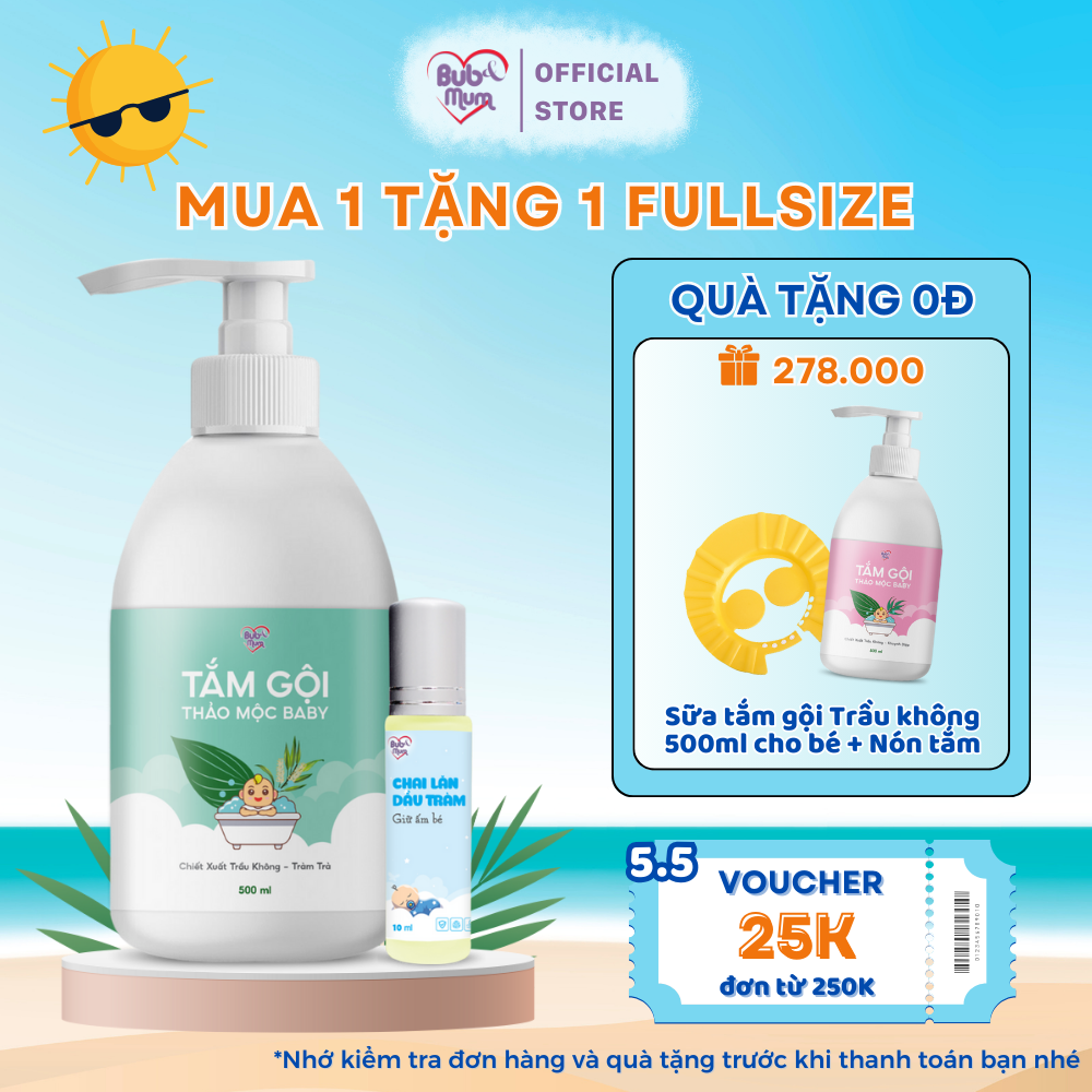 Combo Sữa Tắm Gội Cho Bé BuB&MuM Chiết Xuất Thảo Dược Trầu Không - Tràm Trà 500ml Và Chai Lăn Tinh Dầu Tràm Gió BuB&MuM 10ml