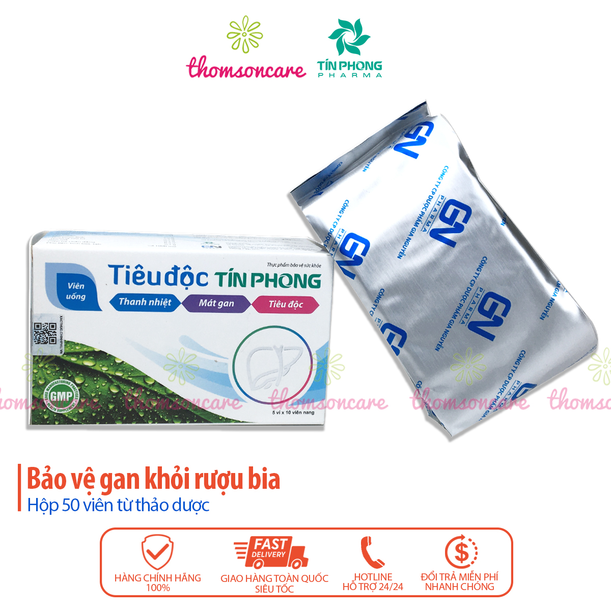 Tiêu Độc Tín Phong bổ gan Thanh nhiệt mát gan - Hộp 50 viên từ cà gai leo và diệp hạ châu, rau má