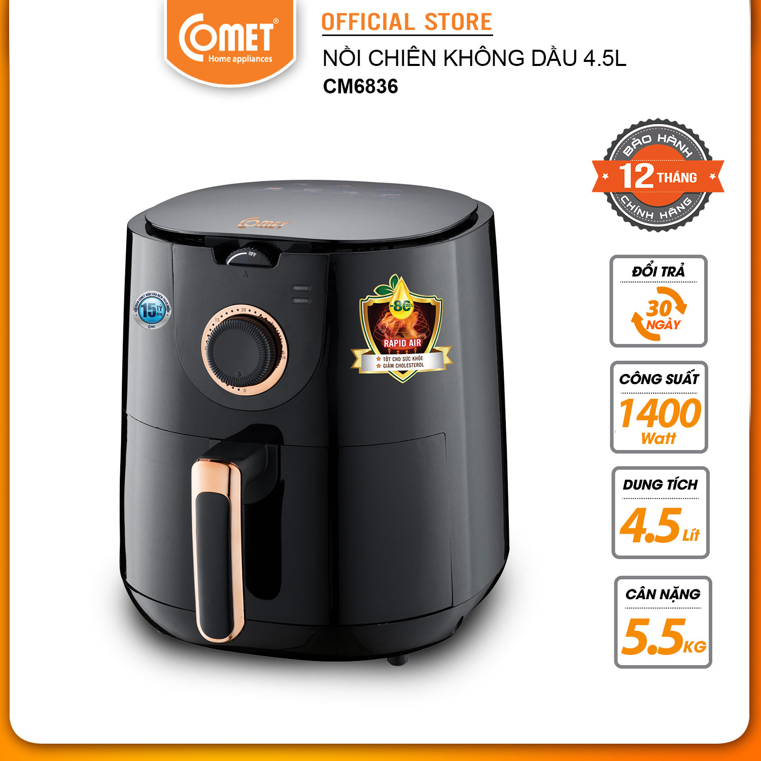 Nồi chiên không dầu COMET CM6836 Dung tích 4.5L - Công suất 1400W- Tỏa nhiệt đối lưu 360 độ, giảm 80% lượng mỡ, tiết kiệm điện và thời gian - Hàng chính hãng - Bảo hành 12 tháng