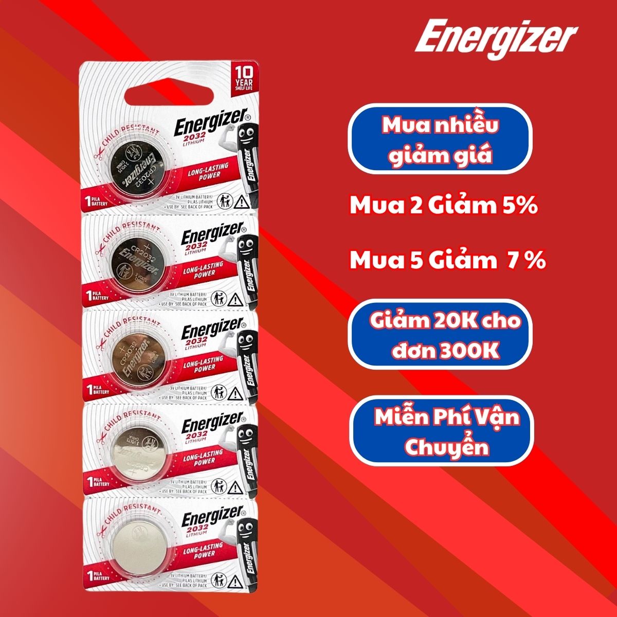 Pin CR2032 / CR2025 / CR2016 Lithium 3 V ENERGIZER Vỉ 5 Viên - Hàng Chính Hãng