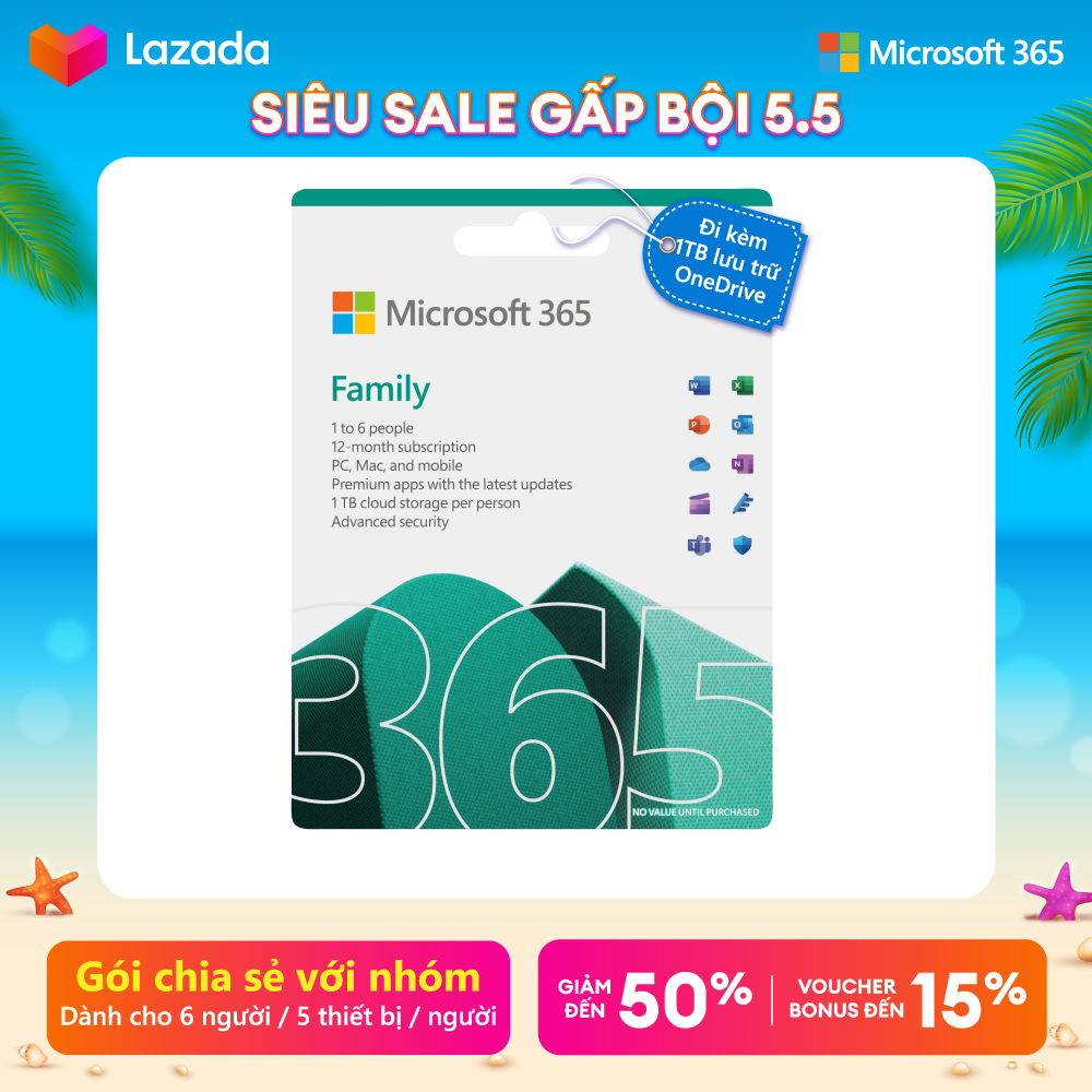 [ KEY GIA HẠN hoặc MUA MỚI ] Phần mềm Microsoft 365 FAMILY | Dành cho tối đa 6 người | 12 tháng | 5 thiết bị/người | Word, Excel, PowerPoint | 1TB OneDrive