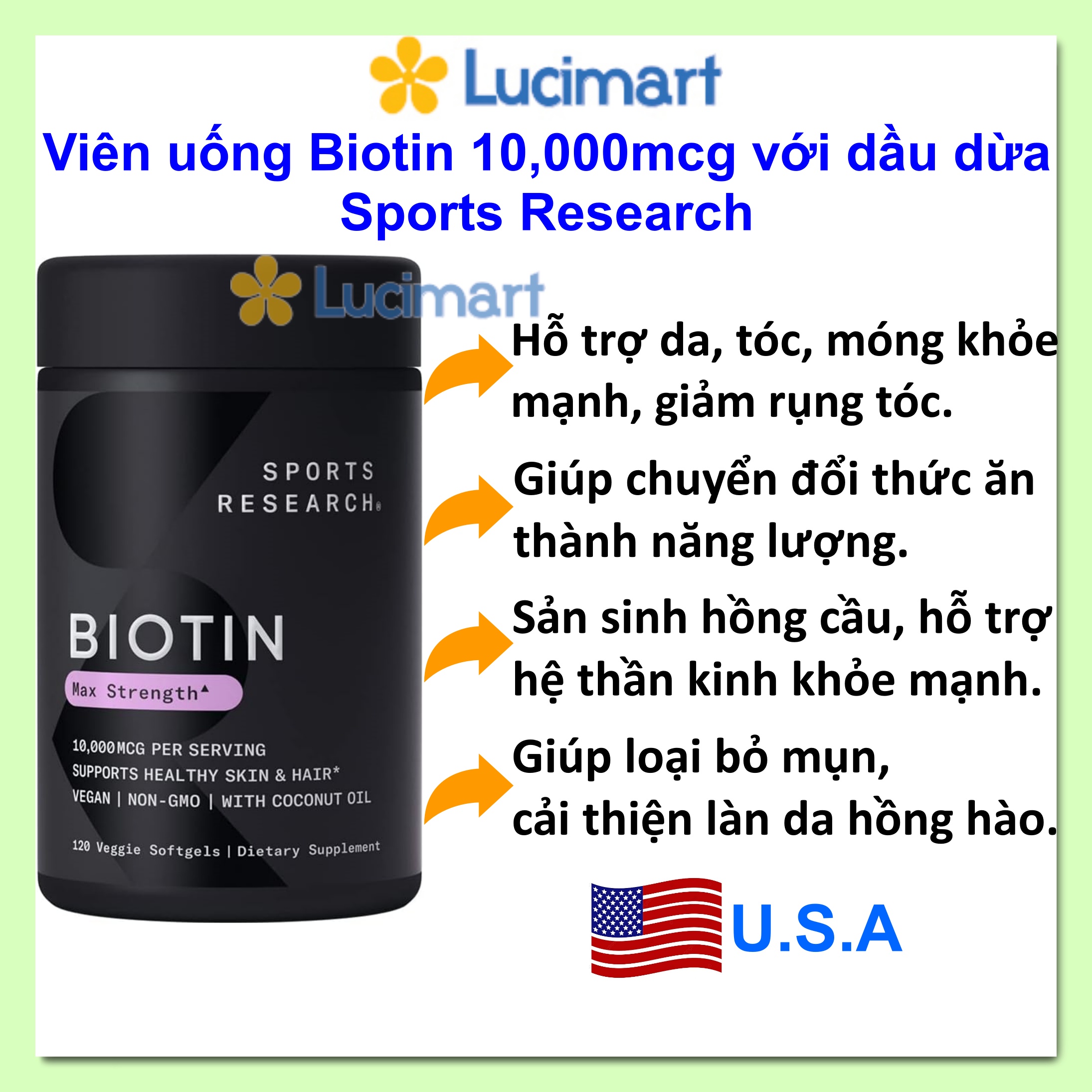 Viên uống Biotin Sports Research 10000mcg Organic Coconut Oil Blended, 120 viên mềm [Hàng Mỹ]