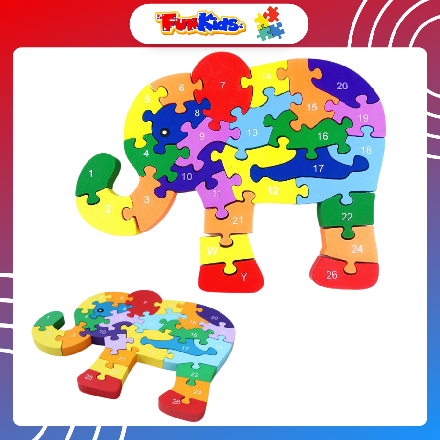 Bộ Đồ Chơi Trẻ Em Lắp Ráp Xếp Hình Con Voi Bằng Gỗ 26 Miếng In 2 Mặt Chữ Số Phát Triển Tư Duy Logic, Khả Năng Quan Tập Trung Quan Sát Cho Bé Gái Và Trai Từ 3 Đến 7 Tuổi