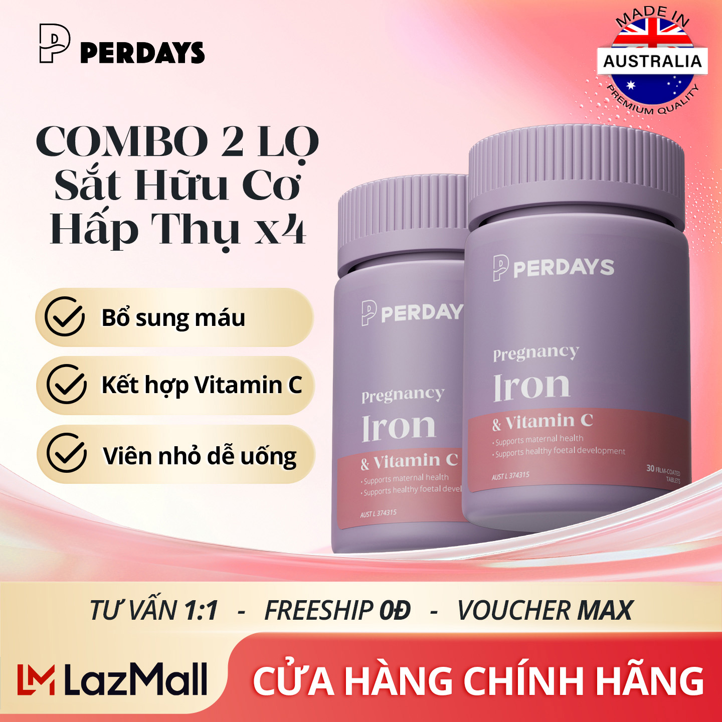 [COMBO 2 LỌ] Sắt Perdays & vitamin C cho mẹ bầu - Sắt bầu Perdays bổ sung sắt, người thiếu máu
