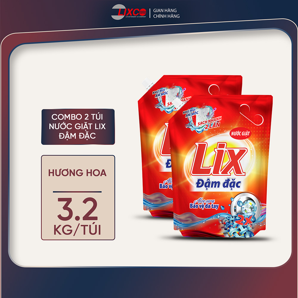 Combo 2 Túi nước giặt Lix đậm đặc 3.2kg tăng gấp đôi sức mạnh giặt tẩy quần áo khử mùi ẩm mốc 2C-NG003