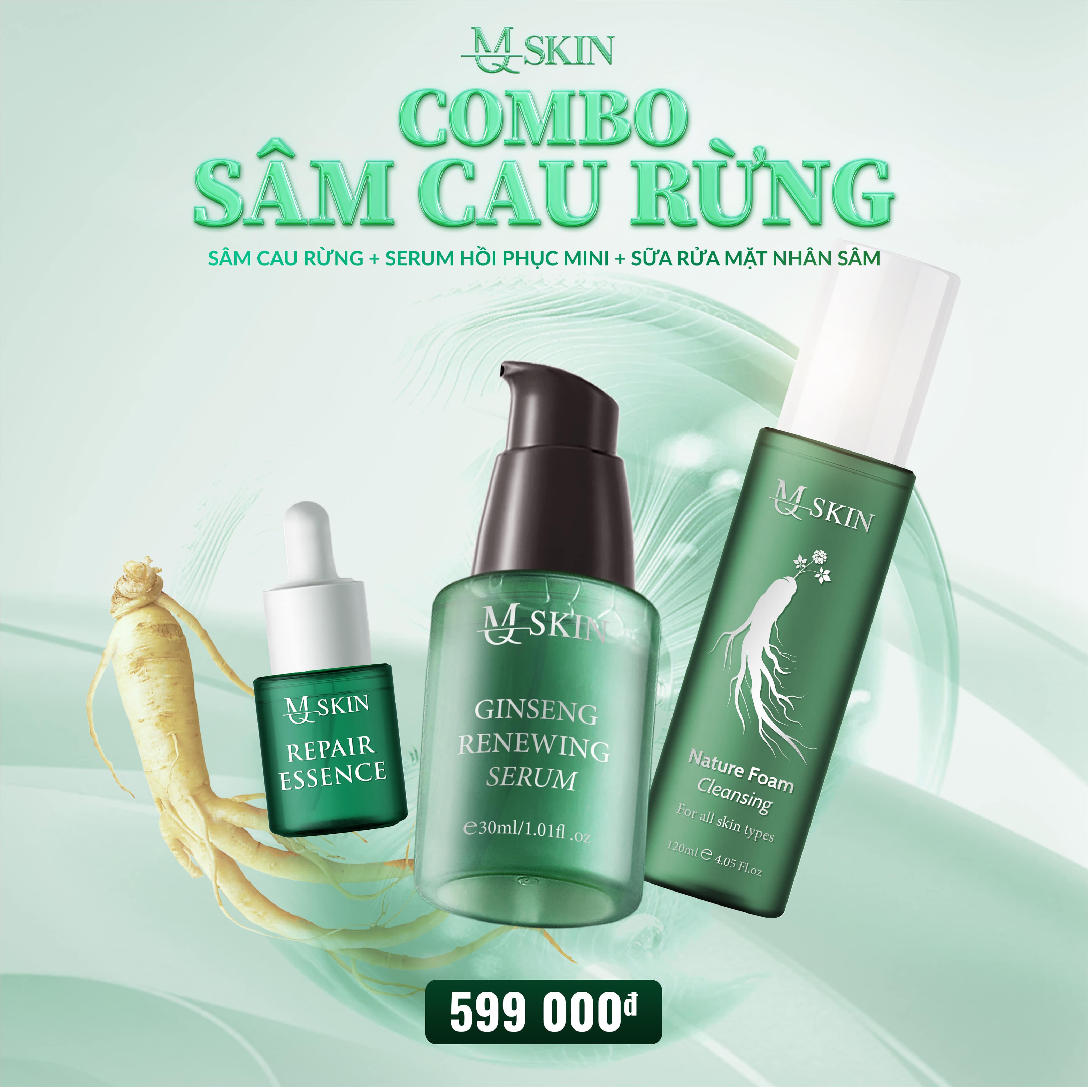 Combo sâm cau rừng mq skin, sữa rửa mặt nhân sâm, serum phục hồi giúp ngăn ngừa mụn giảm thâm hiệu quả 30ml
