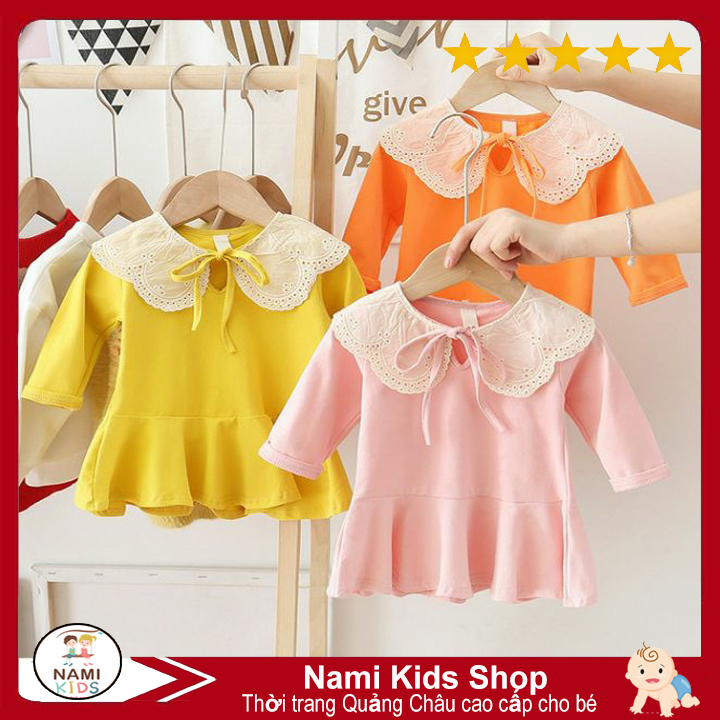 Áo váy cổ ren đáng yêu cho bé chất cotton quảng châu cao cấp