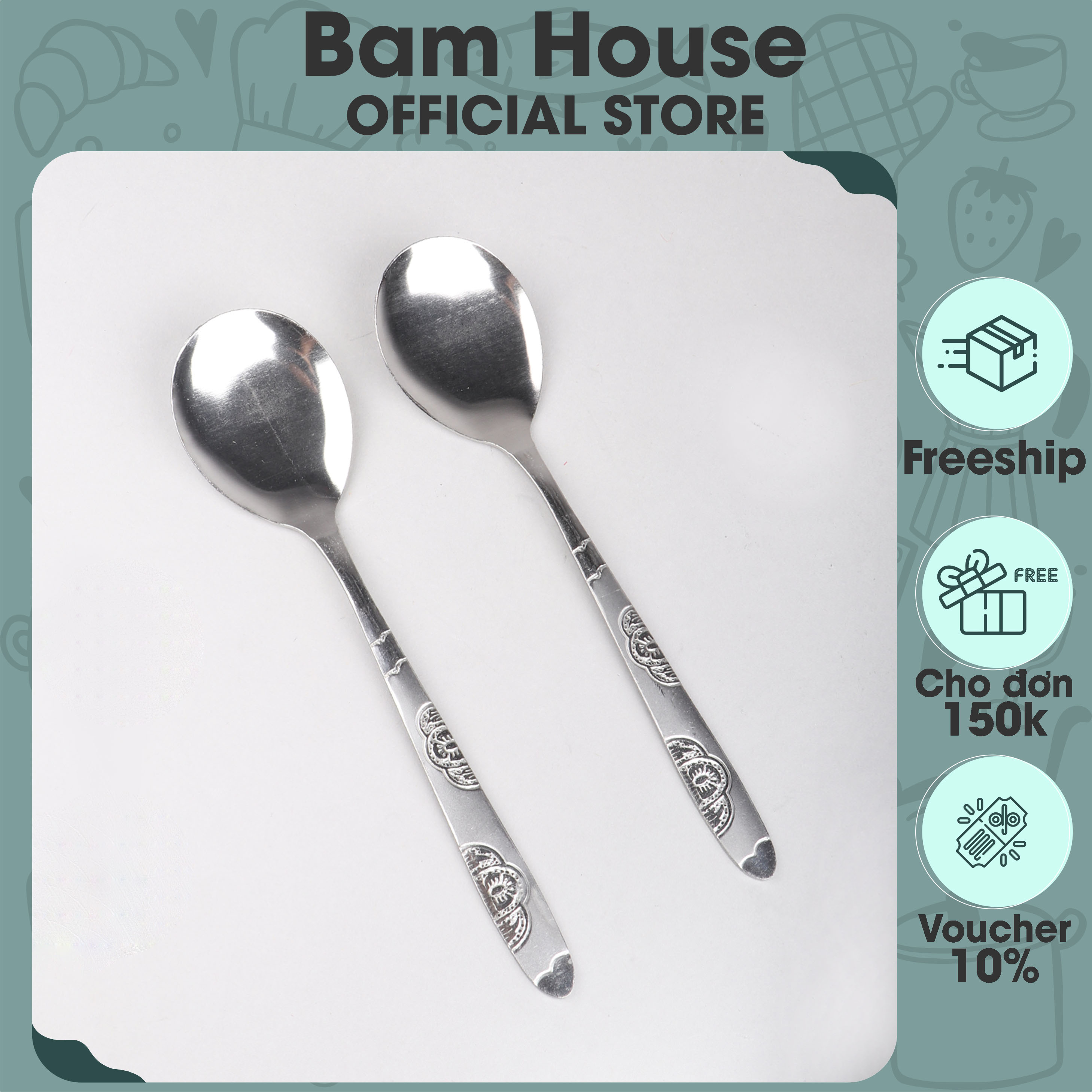 Muỗng inox Bam House cán hoạ tiết loại dày cao cấp MHT01 - Gia dụng bếp