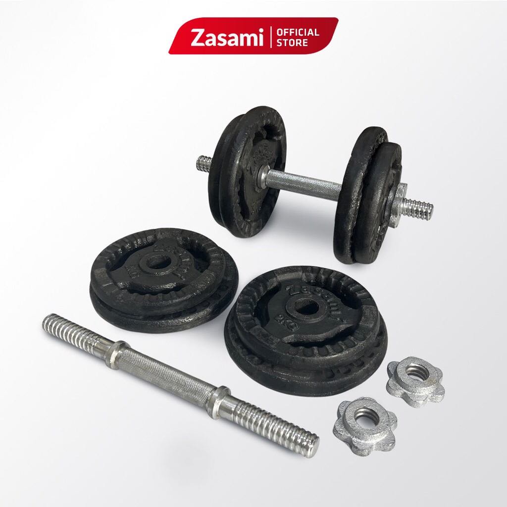 Bộ 2 tạ tay tháo lắp miếng gang tạ bánh gang 3 lỗ 24kg (2 đòn 35cm + 4 miếng 3kg, 4 miếng 2kg)