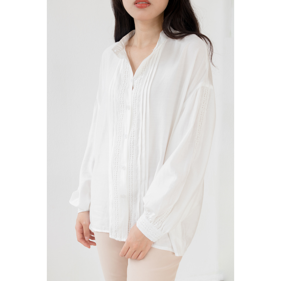 Áo sơ mi cổ tàu tay bồng nhẹ phối ren vintage vải tơ đũi lace blouse - melina workshop