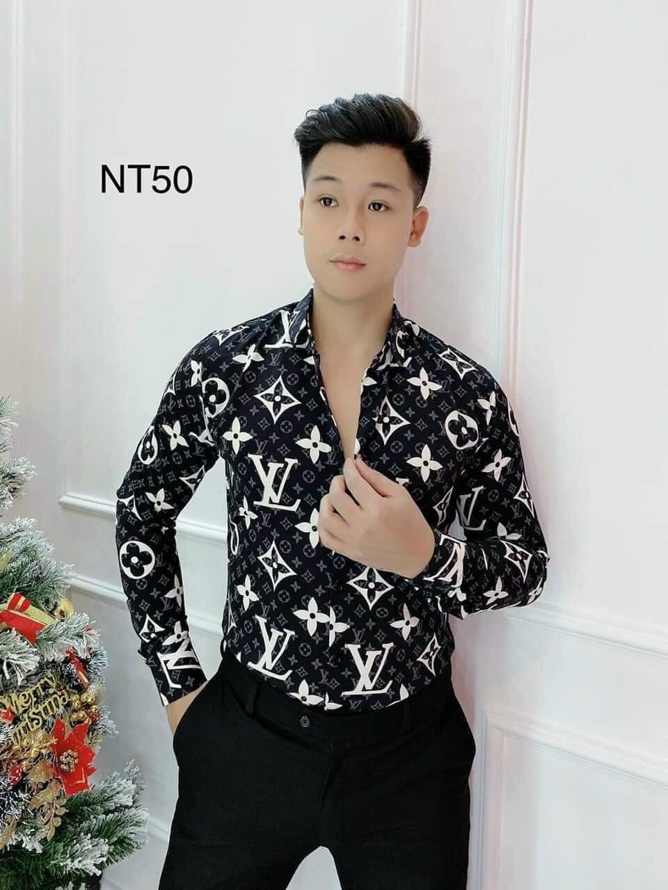 [Hoàn Tiền 15%] ÁO sơmi hoạ tiết VL sang chảnh, màu đen lịch lãm, chất lụa mát mịn