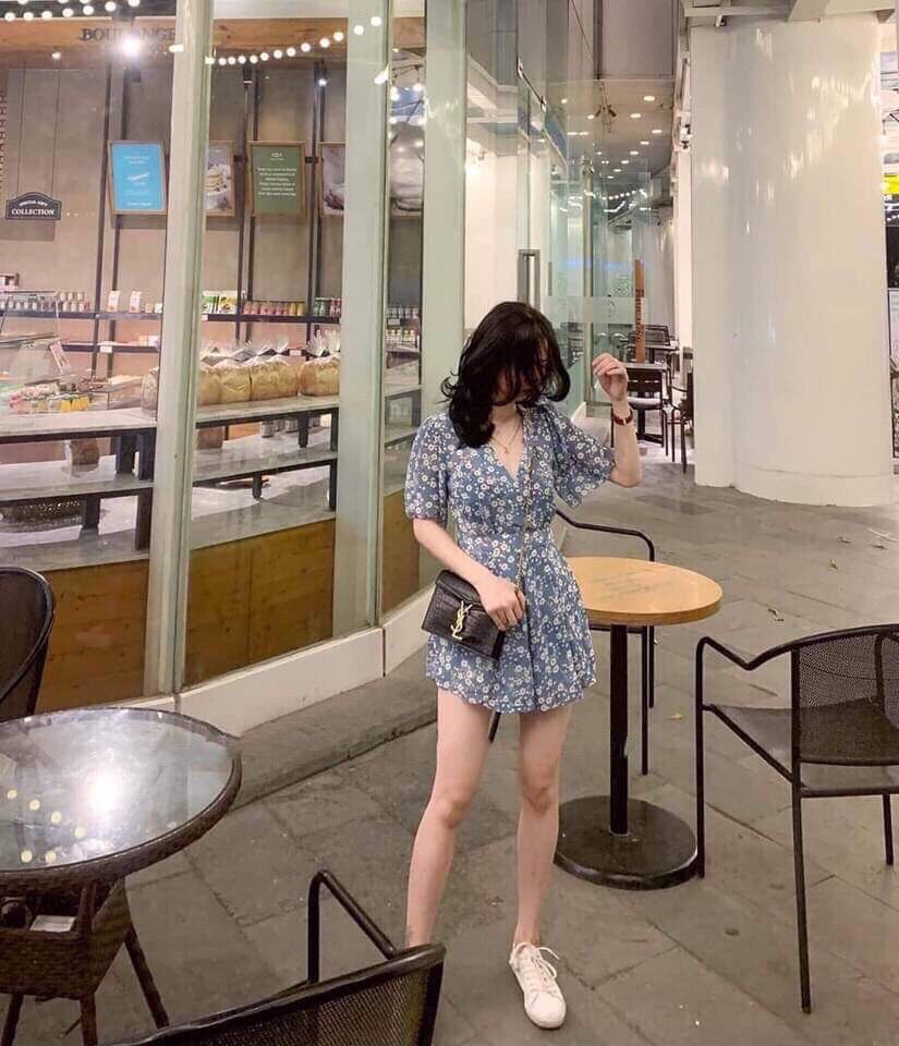 Váy đầm nữ dáng xòe màu xanh họa tiết bông cúc