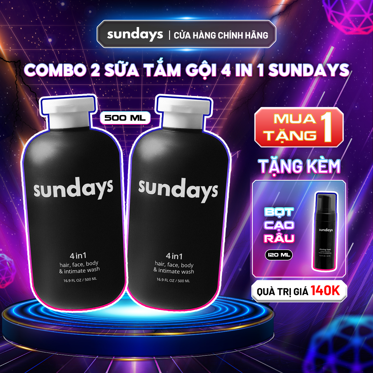 Sữa Tắm Gội Toàn Thân 4in1 cho Nam Sundays, tiện lợi, hương nước hoa quyến rũ 500ml