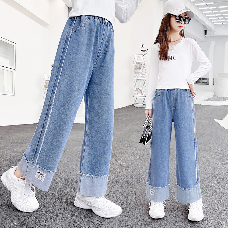 Quần áo trẻ em quần jean trẻ em phong cách mùa xuân và mùa thu của bé gái cỡ trung bình ống rộng cho trẻ em thời trang bé gái quần rộng cho trẻ em