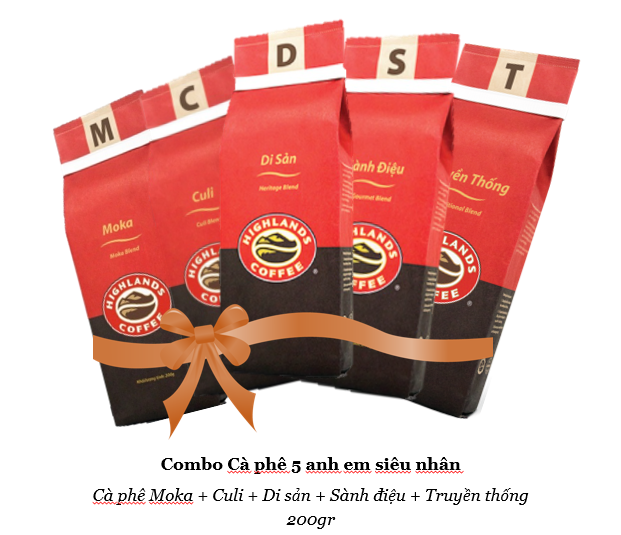 Combo 5 Anh em siêu nhân Cà phê Rang Xay Highlands Truyền thống, Moka, Culi, Sành điệu, Di sản 200 gram