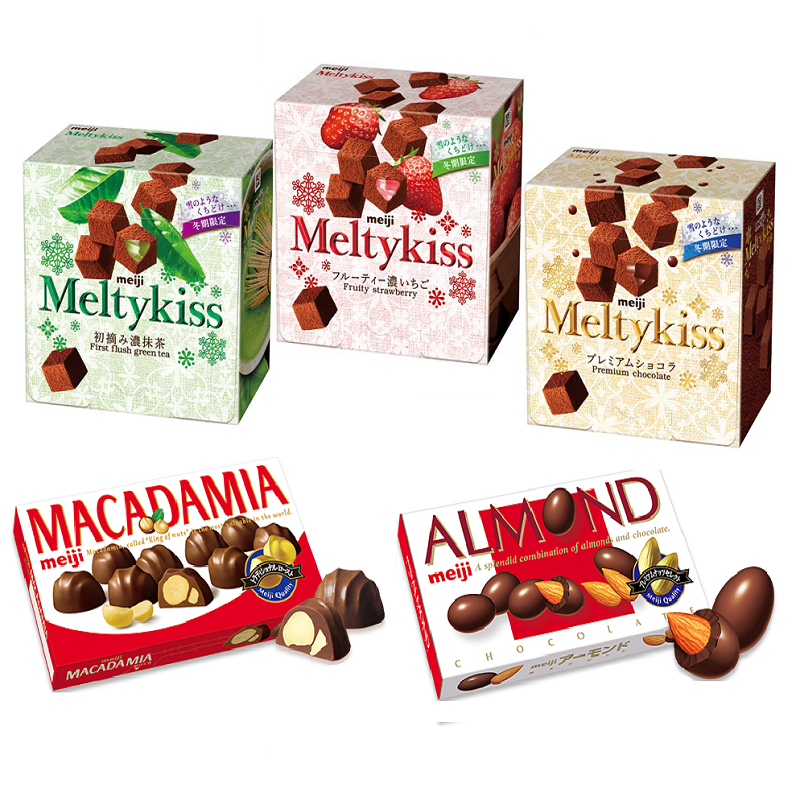 Socola Meiji Nhật bản đủ loại : Socola nhân hạt Meiji Almond & Macadamia, Socola bông tuyết tan chảy Meiji Meltykiss