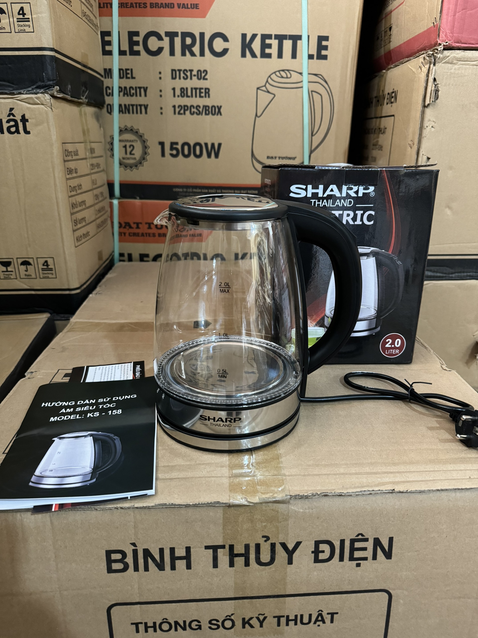 Ấm siêu tốc Sharp thủy tinh, dung tích 2 Lít, bình đun siêu tốc sharp 2 lit, điều khiển điện tử